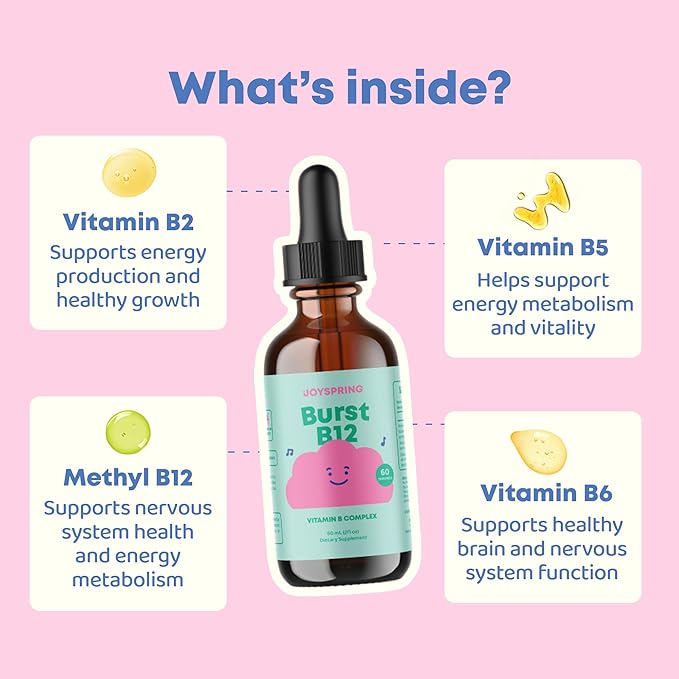 JoySpring Burst B12 Drops - Vitamin B Complex for Kids with Methyl B12 Supplement to Support Healthy Growth & Development, Vegan Liquid B12 Drops, Ages 3-16+ | 2 fl oz (60 Servings)