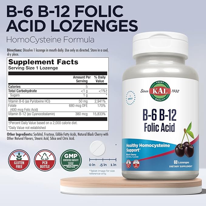 KAL Vitamin B-6 B-12 Folic Acid Supplement, B Vitamins for Healthy Energy, Heart & Red Blood Cell Support, w/Vitamin B12 Methylcobalamin and Folate, Natural Cherry, Gluten Free, 60 Serv, 60 Lozenges