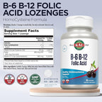 KAL Vitamin B-6 B-12 Folic Acid Supplement, B Vitamins for Healthy Energy, Heart & Red Blood Cell Support, w/Vitamin B12 Methylcobalamin and Folate, Natural Cherry, Gluten Free, 60 Serv, 60 Lozenges