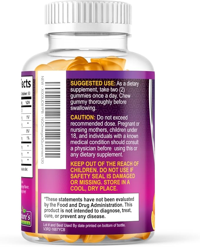 Omega 3 Fish Oil Gummies, Heart Healthy Omega 3 Gummy Supplement with High Absorption DHA & EPA, Extra Strength Joint & Brain Support, Delicious Orange Flavor Fish Oil Nature's Vitamin - 120 Gummies