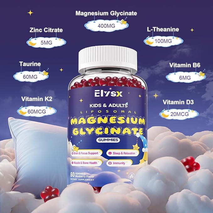 Liposomal Magnesium Glycinate 400mg Gummies for Kids & Adults, Chewable Magnesium Bisglycinate Supplement with Theanine, B6, Vitamins & Zinc, for Zzz & Relaxation, Muscle & Brain, Sugar Free, 60 Ct