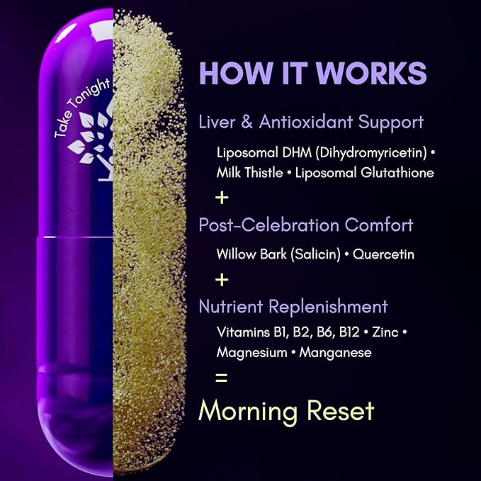 purple tree Post-Celebration Wellness Supplement | Liposomal Dihydromyricetin (DHM), L-Glutathione, Milk Thistle for Liver Support & Hydration | Electrolytes, B Vitamins, Willow Bark | 60 Capsules