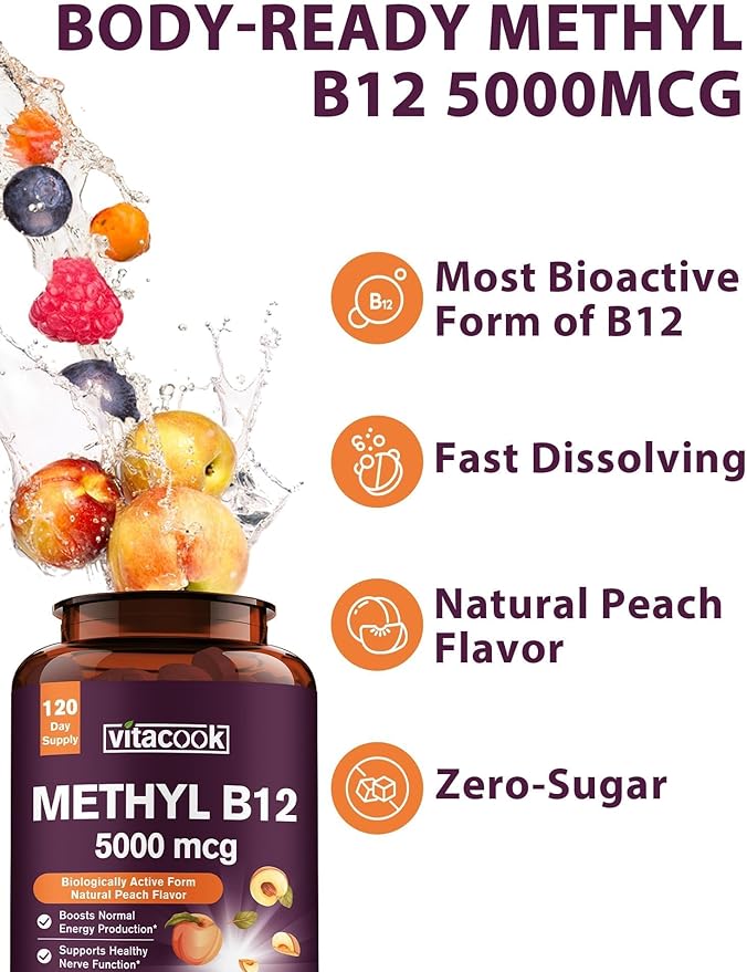Vitamin B12 Sublingual, Methylcobalamin 5000mcg for Energy Production, Energy, Nerve & Cell Support, Natural Peach Flavor, Vegan, Zero Sugar, 120 Fast Dissolve Tablets