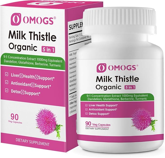 OMOGS Organic Milk Thistle, Herbal Liver Support Milk Thistle Supplement, with Dandelion Root, Glutathione, Berberine HCL &Turmeric, Support Liver Cleanse Detox & Repair, 90 Capsules