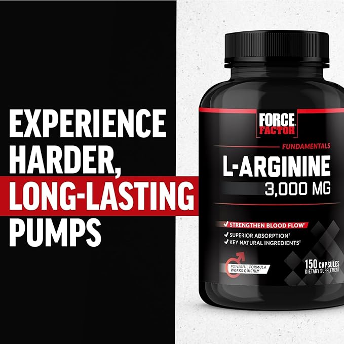 Force Factor L-Arginine Nitric Oxide Supplement with BioPerine to Help Build Muscle and Support Stronger Blood Flow, Circulation, Nutrient Delivery, and Pumps, L-Arginine 3000mg, 3g, 150 Capsules