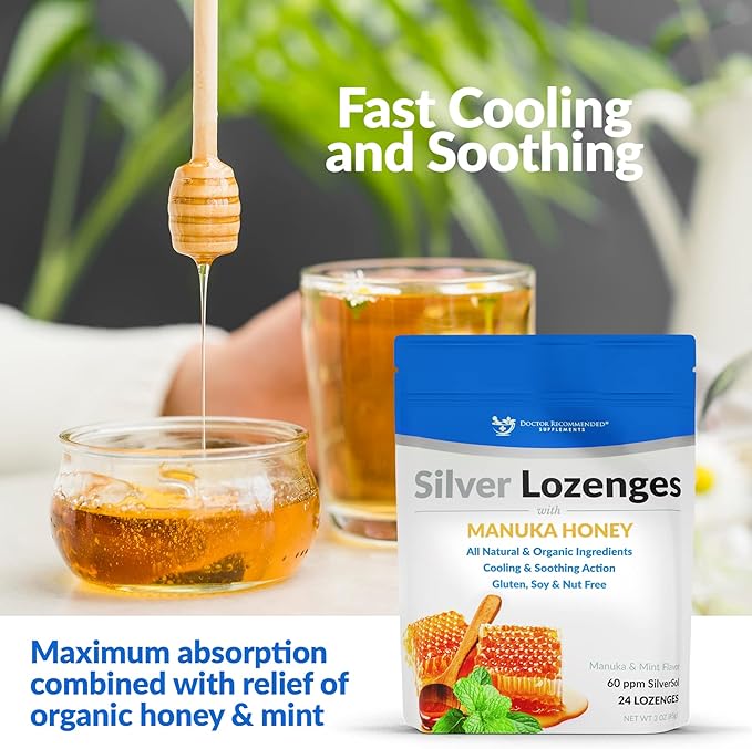 Silver Lozenges with Organic Manuka Honey and Vitamin C - All-Natural Nano Silver 45-50mcg of 60 PPM Colloidal Silver Mineral Drops to Support Immune System, Soothe, Cool Cough & Throat, 48-Lozenges