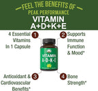 Peak Performance Vitamins D 5,000 iu + A + K + E All in 1 Easy to Swallow Vegan Capsule. ADK Vitamin Supplement with E D3 K2. Essential Vitamins for Mood, Immune, Bone, Vision, Heart