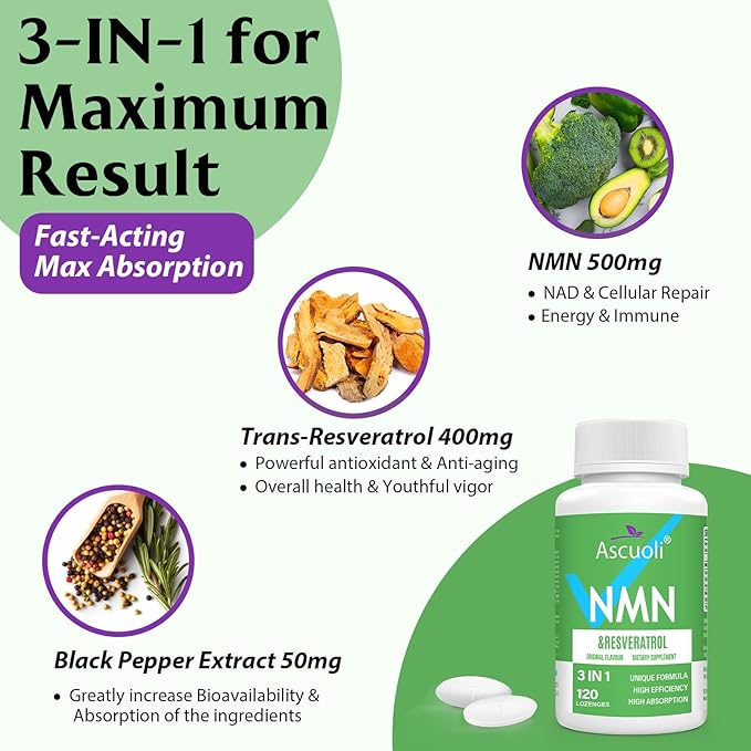 Sublingual NMN 500mg + Trans-Resveratrol 400mg, 3-in-1 Advanced Formula 99% Pure NMN Resveratrol Supplement for Boost* NAD, Cell, Immune, Energy & Muscle, Anti-Aging, 480 Lozenges (480 Days Supply)