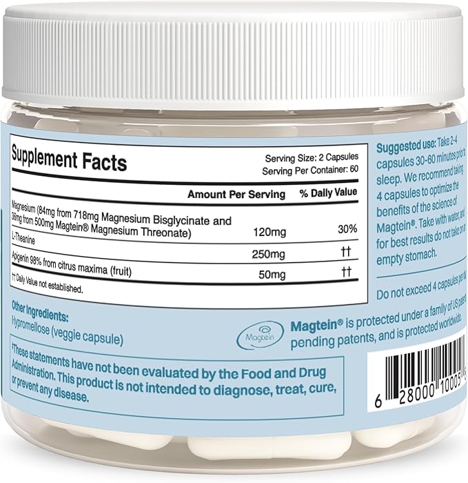 Magnesium Supplement - Magnesium Threonate, Chelated Magnesium Bisglycinate, L-Theanine & Apigenin - Rest Assist - Powerful Blend for Restful Nights - 120 Capsules