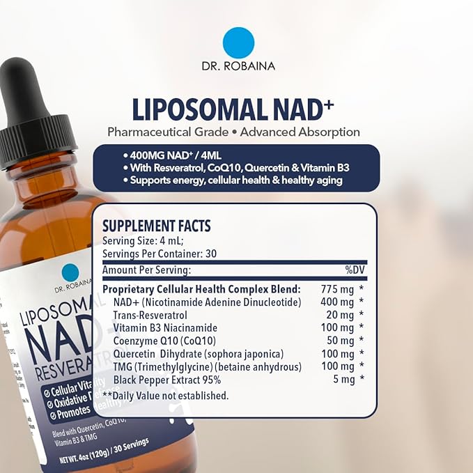 Dr. Robaina Liposomal NAD⁺ Liquid Drops – Doctor-Formulated with Trans-Resveratrol, Quercetin, CoQ10, Vitamin B3 & TMG – 400 mg NAD⁺ per 4 mL Serving – Berry Flavor, Amber Glass Dropper, 4 fl oz