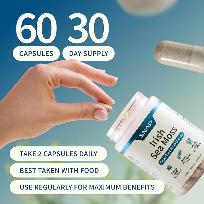 Snap Supplements Irish Sea Moss with Bladderwrack, Burdock Root & Iodine – Natural Sea Moss Supplement to Support Gut Health, Energy & Healthy-Looking Skin, 60 Vegan Capsules (1 Month Supply)