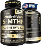 L Methylfolate 15mg Plus Methyl B12 - Methylated Vitamin B9 (5-MTHF) Supplement for Brain Health, Mood & Energy- High Absorption 12-IN-1 Methyl Folate - Third-Party Tested (120 Vegan Capsules)
