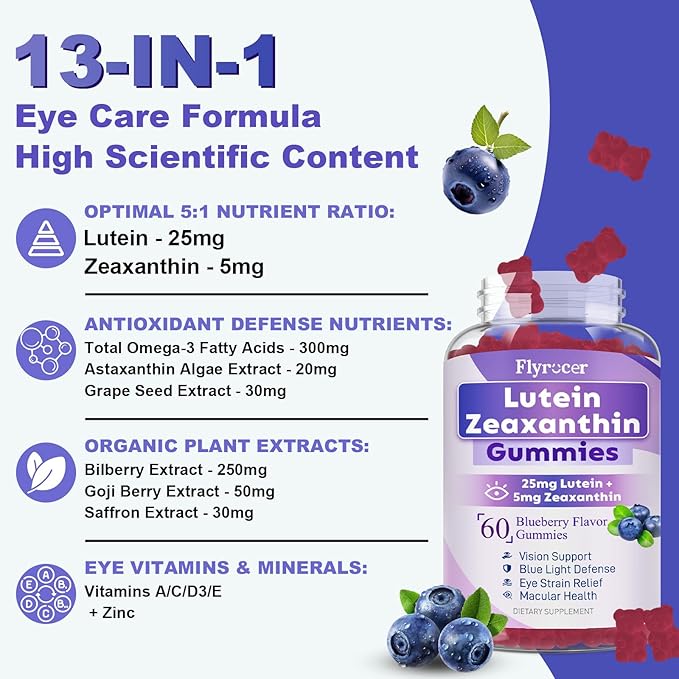 Sugar Free Lutein Gummies 25mg, Lutein and Zeaxanthin Supplements for Eye Health,13-in-1 Eye Care Formula with Omega-3 Bilberry Saffron-Vision Health, Eye Strain,Dry Eyes,Vegan Blueberry Flavor 120 Ct