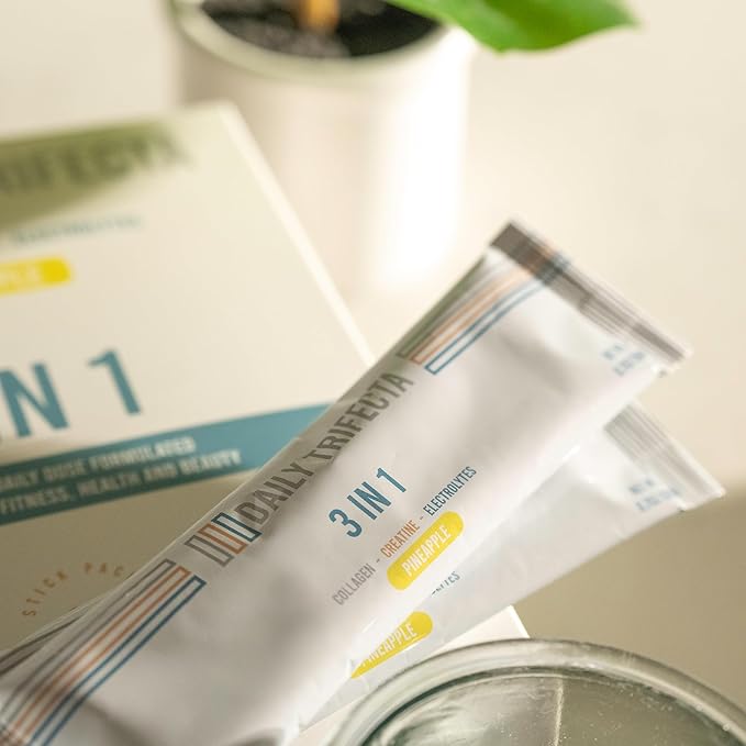 DAILY TRIFECTA 3-in-1 Collagen, Creatine & Electrolyte Stick Packs | Type I Collagen, Creatine Monohydrate, Zero Sugar | 30 Natural Single-Serve Packets | Strength, Hydration & Recovery (Pineapple)