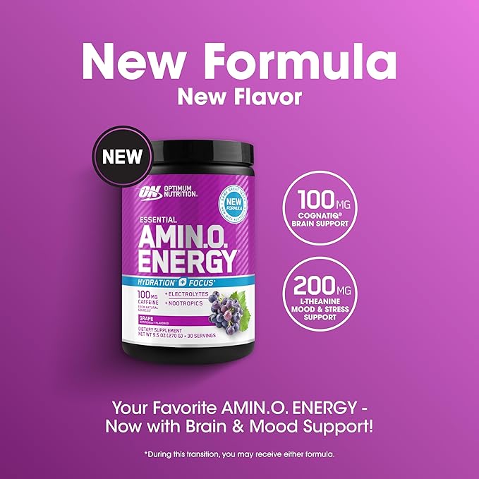 Optimum Nutrition Amino Energy Powder Plus Focus, with BCAA, Electrolytes, and Caffeine, Grape, 30 Servings (Packaging May Vary)