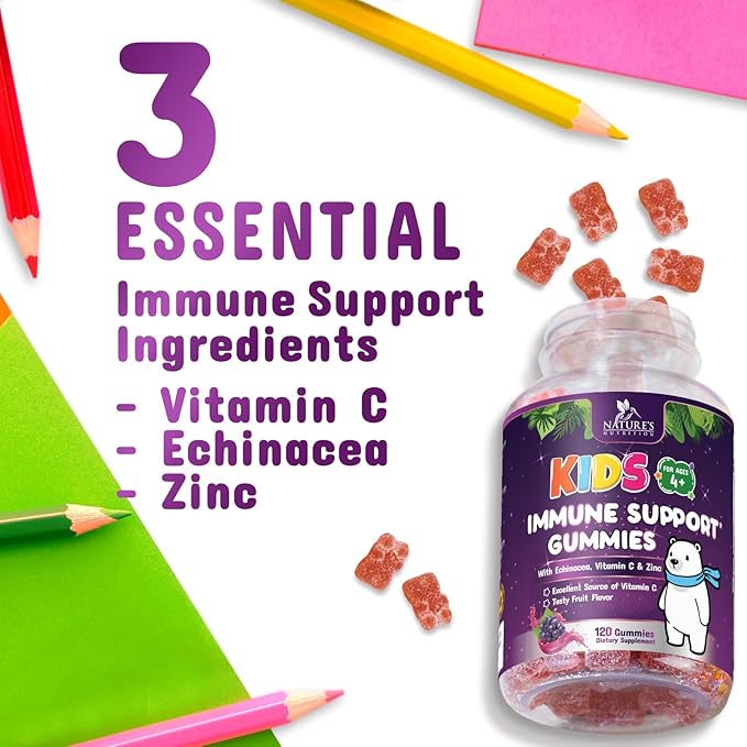 Kids Immune Support Gummies - Vitamin C, Zinc & Echinacea Children's Daily Immune Health Support Gummy Supplement for Ages 4 and Up, Natures Kid's Vitamin C Gluten-Free & Non-GMO, Vegan - 120 Gummies