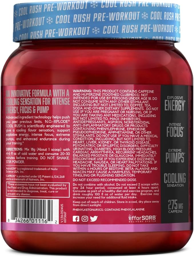 BSN N.O.-XPLODE Cool Rush Pre Workout Powder, Preworkout Energy Supplement for Men and Women with Creatine and Beta-Alanine, Bubblegum Blast, 30 Servings, 1.2 Pound (Packaging May Vary)