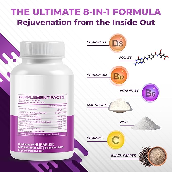 High Potency 5-MTHF (Active Form) with Vitamin B12, Vitamin B6, Magnesium & Black Pepper – Supports Brain Wellness, Heart Health & Nerve Health*