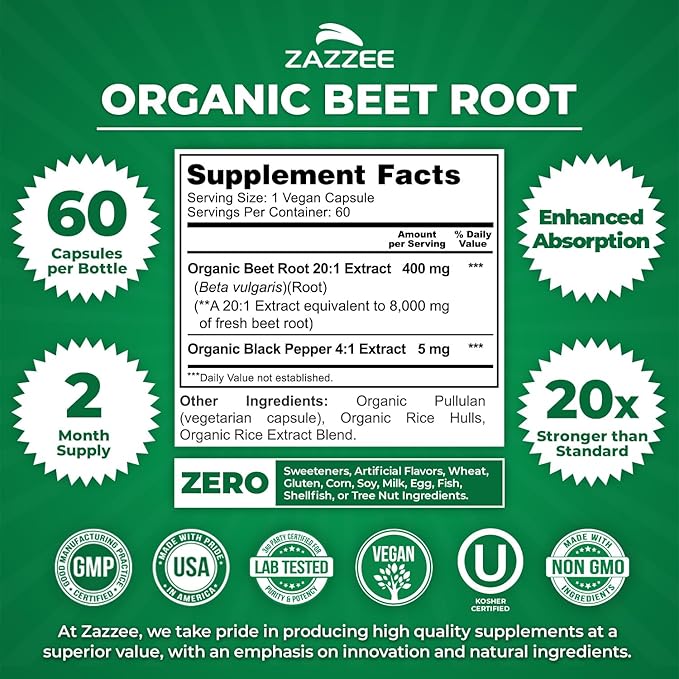 Zazzee USDA Organic Beet Root 20:1 Extract, 60 Vegan Quick Release Capsules, 2 Month Supply, Nitric Oxide Support, Black Pepper Extract for Enhanced Absorption, Certified Kosher, Non-GMO, Made in USA