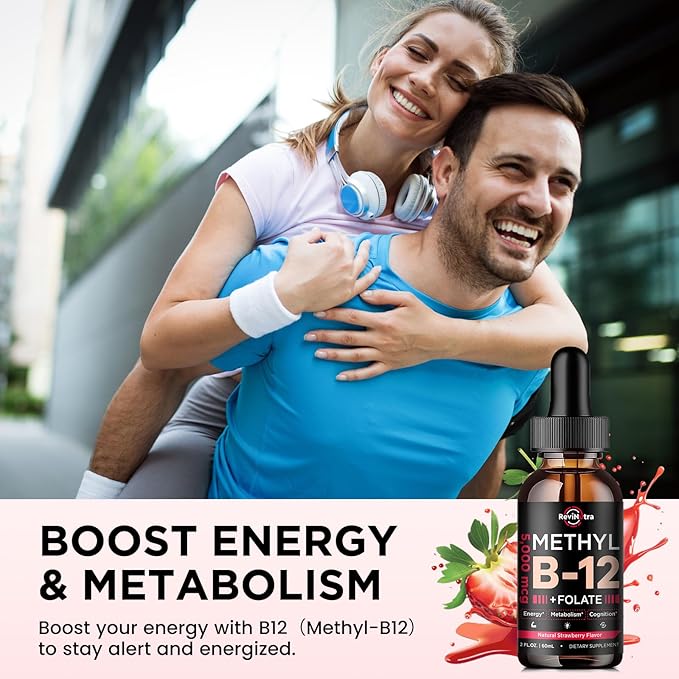 Vitamin B12 liquid Drops, B12 vitamins 5000 mcg, Vitamin B Complex Supplement with Methylcobalamin B12 Sublingual, Vitamin B6, Folate for Energy, Brain, Heart Health, Vegan Strawberry Flavor 2 Fl Oz