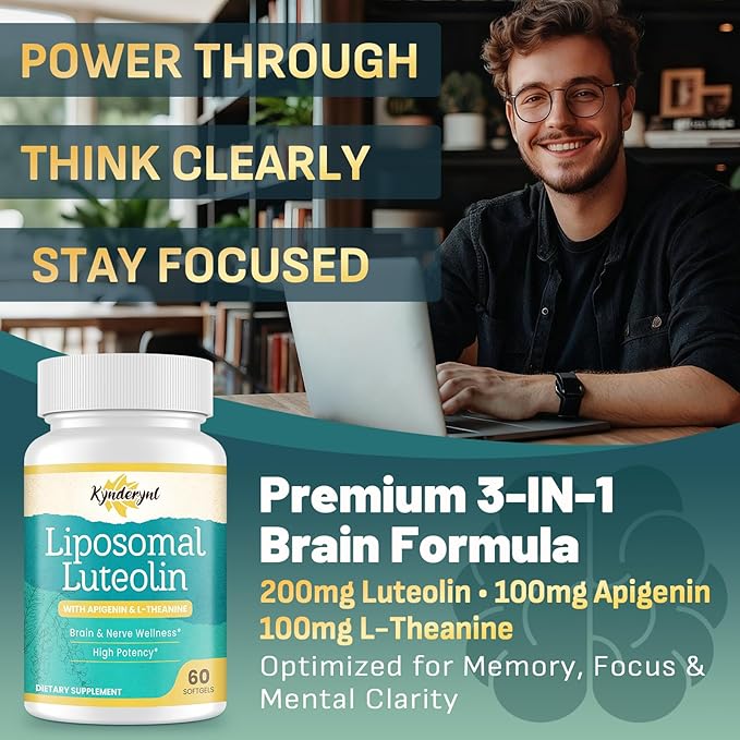 Liposomal Luteolin 200mg – Luteolin Supplement & Brain Supplement for Memory and Focus with Apigenin & L-Theanine – Non-GMO, Gluten-Free, 60 Softgels