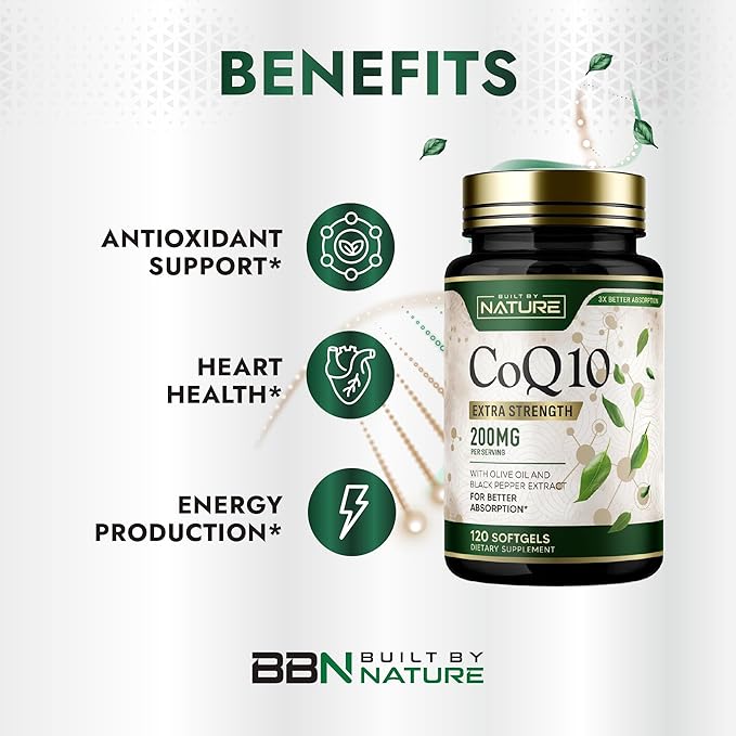 Built by Nature CoQ10 200 mg – Coenzyme Q10 with Olive Oil and Black Pepper for High Absorption – Supports Heart Health & Energy – Antioxidant Supplement– 2 Month Supply, 120 Softgels