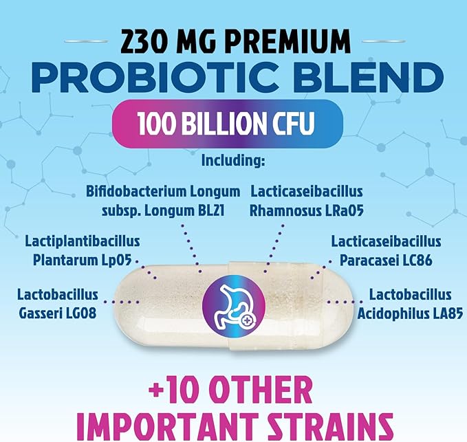 Probiotics for Digestive Gut Health - 100 Billion CFU Per Capsule, 16 Premium Strains & Prebiotics - Best Probiotics for Women & Men, Occasional Constipation, Gas, Immune Health Support - 30 Capsules