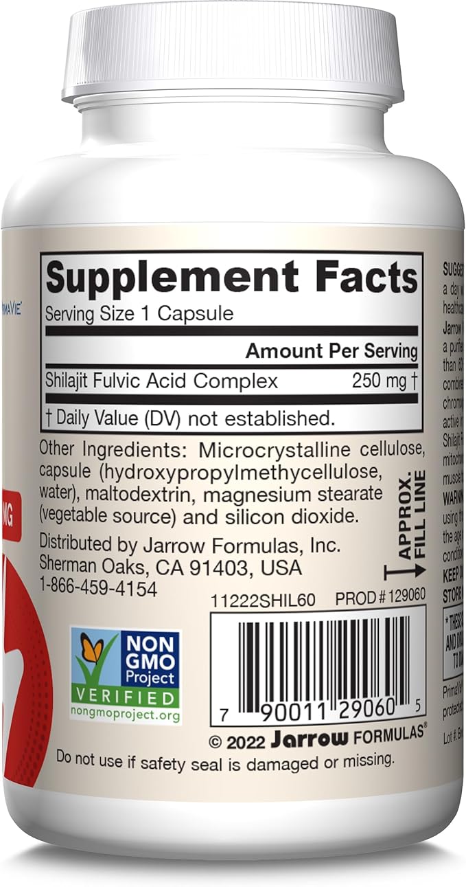 Jarrow Formulas Shilajit 250 mg, Dietary Supplement, Shilajit Acid Complex for Cellular Energy Production, 60 Veggie Capsules, 60 Day Supply (Pack of 12)