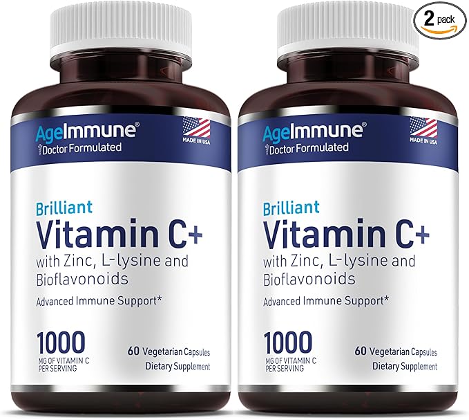 Vitamin C 1000mg Complex with L-Lysine 500mg, Zinc Gluconate 12mg, Bioflavonoids 300mg. Doctor Formulated Magnesium Stearate Free Supplements for Healthy Immune System Support. Two Bottles.(2)