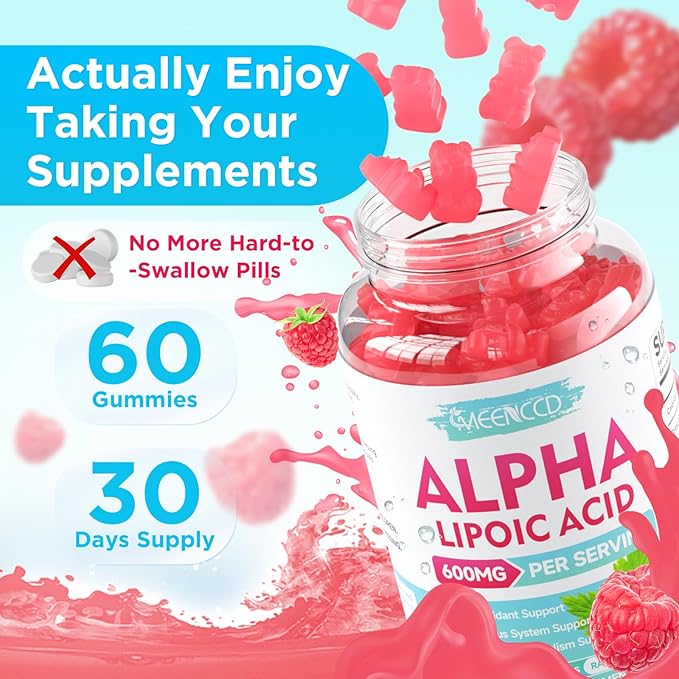 2 Pack Alpha Lipoic Acid Gummies 600mg - ALA Supplement for Antioxidant Support, Vegan, Sugar-Free, Raspberry Flavor, 120 Count
