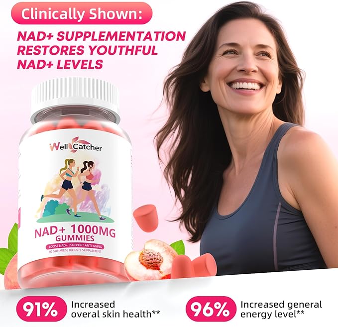 NAD+ Gummies Supplement for Women 1000MG - NAD Plus Gummies for Men Sugar Free Vitamin B3 Niacinamide Pure Organic Boosts NAD Level Anti-Aging Cell Regeneration Energy Brain Peach Flavor 60C