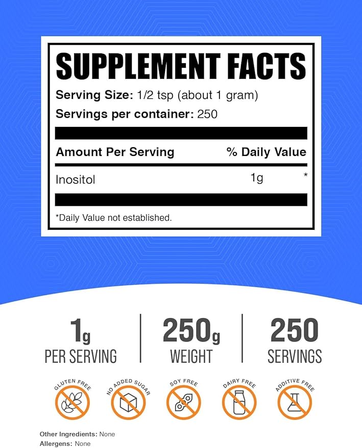 BulkSupplements.com Inositol Powder - Inositol Supplement, Vitamin B8 Supplement - Unflavored & Gluten Free, 1g per Serving, 250g (8.8 oz) (Pack of 1)