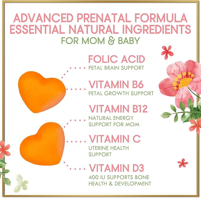 Prenatal Vitamins for Women – Complete Pregnancy Multivitamin - Folic Acid, Omega 3 DHA, Choline, Vitamin D – Essential Support for Mom's & Baby Brain Development - Tasty Orange Flavor - 60 Gummies