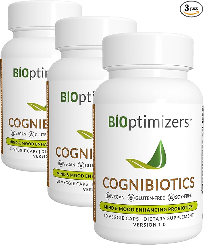 BIOptimizers Cognibiotics Probiotic Brain Supplement - Helps Support Mood, Better Focus, Memory, Mental Clarity - 60 Capsules (Pack of 3)
