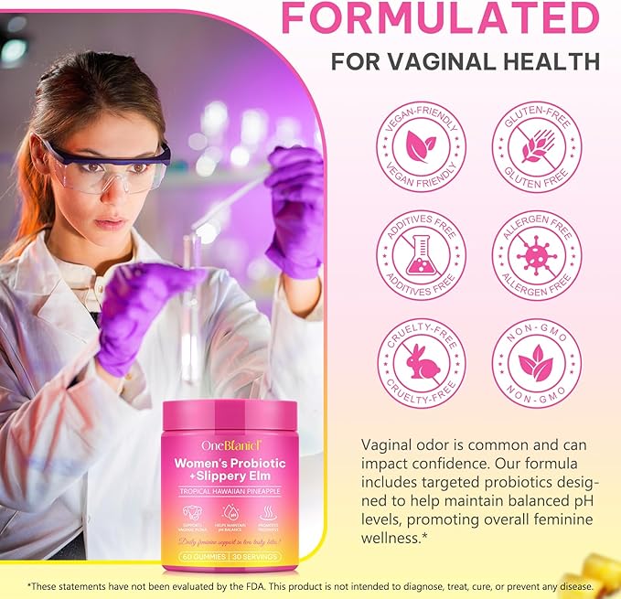 2Pack Feminine Probiotics Gummies,Vaginal Women Probiotic,Feminine Balance pH Gummies for Healthy Odor,Improve Immune,Support Vaginal Health,with Slippery Elm(60 Gummies)
