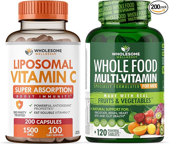 Wholesome Wellness Liposomal Vitamin C Capsules (200 Pills 1500mg Buffered) High Absorption + Food Multivitamin for Men - Natural Multi Vitamins, Minerals, Organic Extracts Bundle
