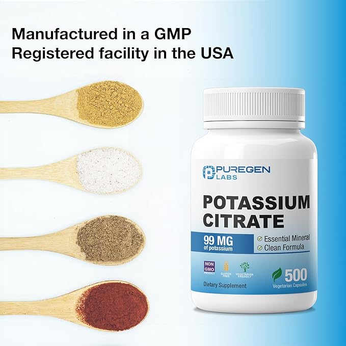 Puregen Labs Potassium Citrate 99 mg of Elemental Potassium Supplement | No Harmful Additives | Non-GMO, Gluten Free - 500 Vegetarian Capsules
