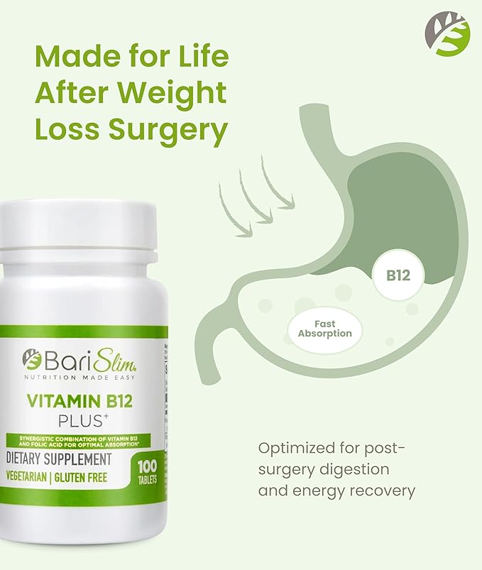 BariSlim Vitamin B12 Plus Tablets - Bariatric Formulated for Post Weight Loss Surgery, Including Gastric Bypass & Gastric Sleeve - Supports Energy Levels & Overall Health | Cherry Flavor