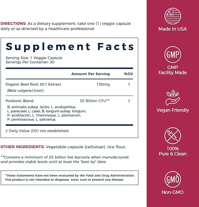 NewRhythm Probiotics for Women & Men 25 Billion CFU, with Organic Beet Root Extract, Nitric Oxide, Circulation, Energy & Heart Health, All Natural, Vegan, Non-GMO, 30 Caps