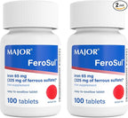 Major Ferosul - Ferrous Sulfate 325mg Tablets with 65mg of Elemental Iron - Iron Supplement for Women, Men - Green - 100 Count (2 Pack)