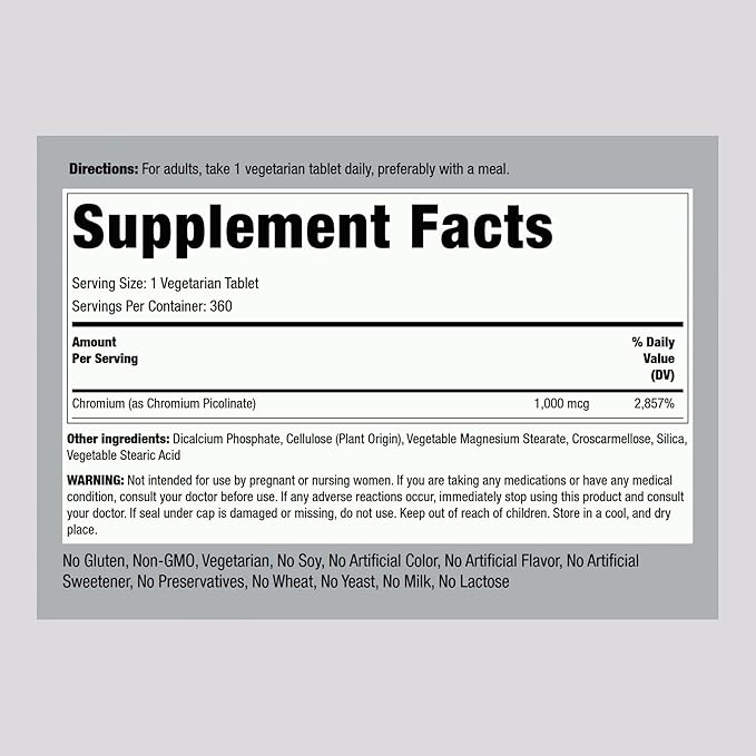 Piping Rock Chromium Picolinate 1000mcg | 360 Tablet Pills | Vegetarian, Non-GMO, Gluten Free Supplement