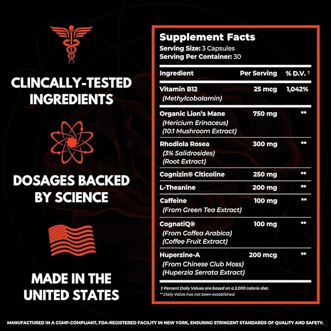 Advanced Focus Supplement Nootropic Brain Supplements for Memory and Focus | Lion's Mane, Caffeine, L-Theanine, and 5 Additional Natural Ingredients to Improve Cognitive Health & Energy (90 Capsules)
