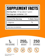 BulkSupplements.com L-Arginine Powder - L-Arginine Base, Arginine 1000mg, Arginine Supplement - Nitric Oxide Powder, Nitrous Oxide Supplement - Gluten Free, 1000mg per Serving, 250g (8.8 oz)