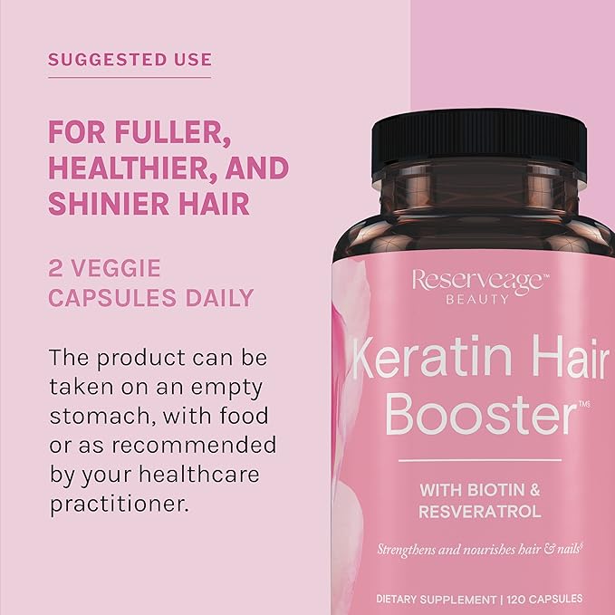 Reserveage Beauty Keratin Hair Booster with Biotin & Resveratrol - Hair & Nail Growth Supplement for Women - Supports Healthy Thickness & Shine with Biotin - 120 Capsules (60 Servings)