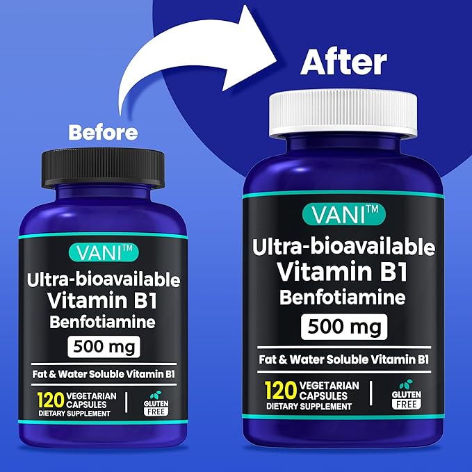 VANI 500MG Benfotiamine with B1, 5X Time Fat & Water Soluble Thiamine B1 Supplement – Third Party Tested, No Gluten (120 Capsules)