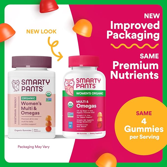 SmartyPants Organic Women's Multivitamin Gummies: Biotin, Methylfolate, Omega 3 (ALA), Vitamin D3, C, Vitamin B12, B6, A, K & Zinc, Inositol, Gluten Free, Vegetarian, 120 Count (30 Day Supply)