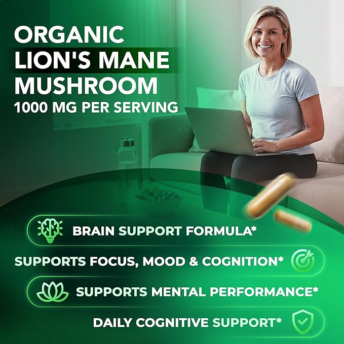 Lions Mane Supplement Capsules – 1000 mg per Serving, Complete Brain Support Complex with L Theanine, Ginkgo Leaf, Vitamin B6, B12 - Vegan, Non-GMO & Made in USA Lions Mane Mushroom - 60 Capsules