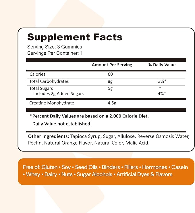 Create Creatine Monohydrate Gummies for Men & Women, Boost Focus, Strength, and Endurance, Anti-Melting Formula, Vegan, Gluten-Free, Non-GMO, 1.5g of Creatine per Gummy (Orange)