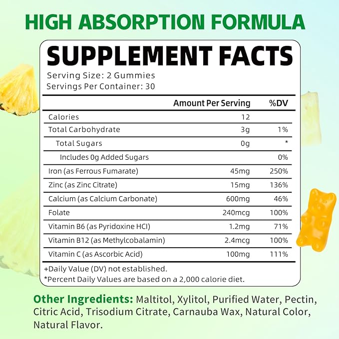 Iron Gummies for Women & Men, Iron Supplement Plus Calcium, Zinc, Folate & Vitamin B12, C, B6 - Energy Support, Immune Health, Pineapple Flavor, 60 Count