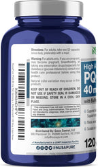 NusaPure PQQ Supplement 40 mg, 120 Veggie Capsules, Non-GMO, Pyrroloquinoline Quinone Disodium Salt, Bioperine & Vegan